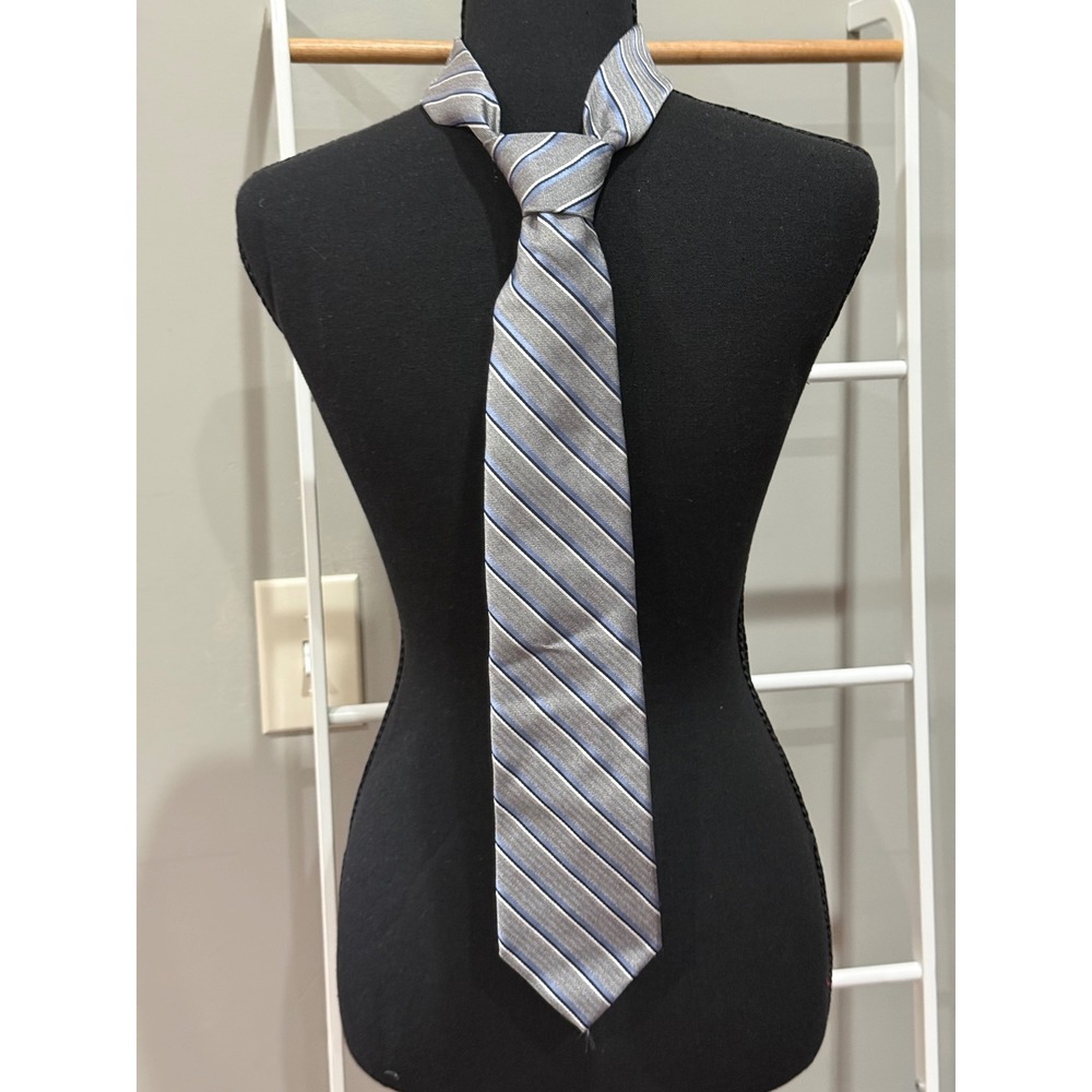 Brooks Brothers Silk Necktie Grey Blue‎ White Diagonal Stripe Herringbone USA